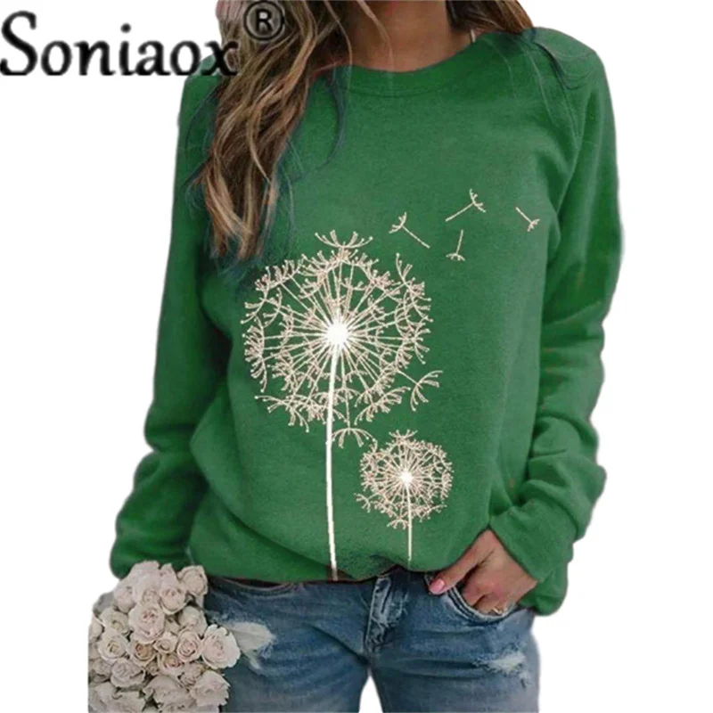 2021 Autumn Winter Women New Dandelion Print Round Neck Long Sleeve Sweatshirt Ladies Fashion Loose Casual Pullover