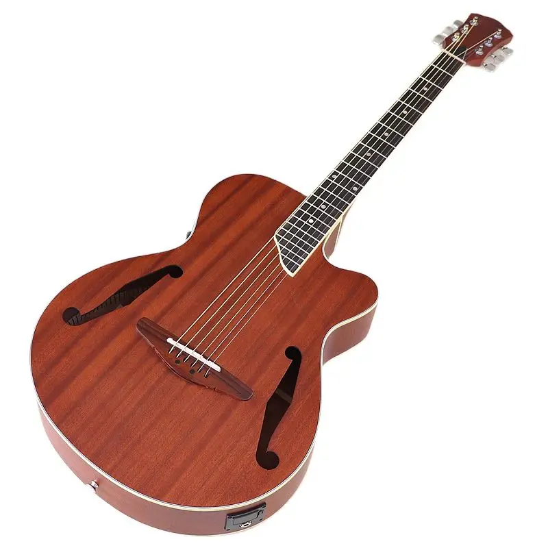 Full Sapele Wood F Hole 40 Inch Electric Acoustic Guitar Folk Guitar Matte Brown 6 Strings Guitar Wood Guitar with Guitar Pickup