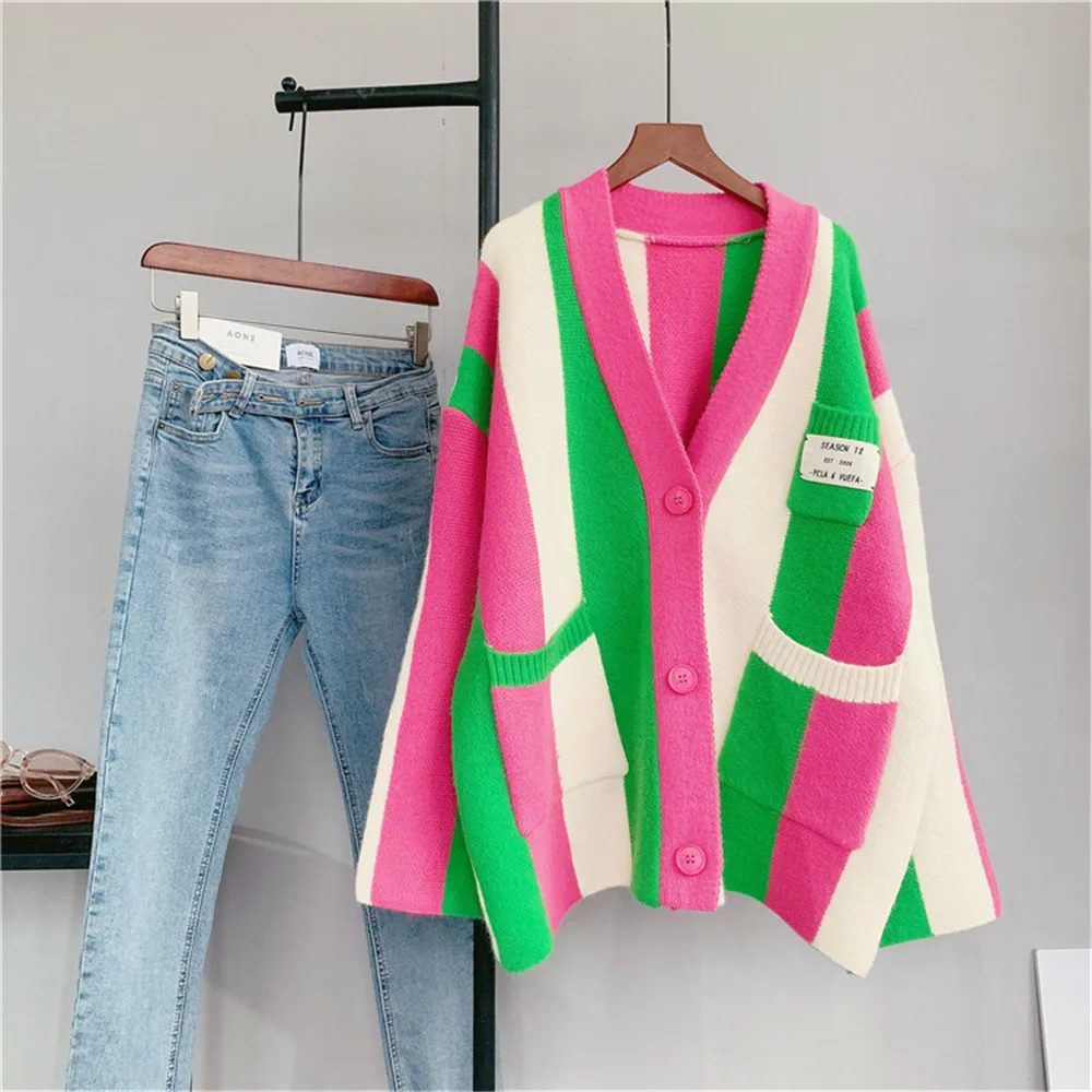 Popular Pink Green Striped Color-block Knitted Cardigan Loose Greek Sorority A Sign Club Sweater Coat For Girl Women