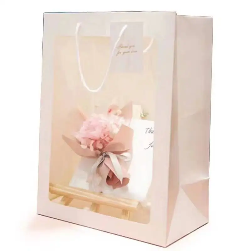 Tote Square Transparent Window Paper Bags White/Pink Creative Flower Bouquet Packaging Cases Candy Box Christmas Gift Packing