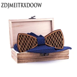 New design Double layer Wooden Bow Tie Men's Wood Bowtie Cufflinks Set Brand Business Cuff Links for Wedding Navy blue Tie