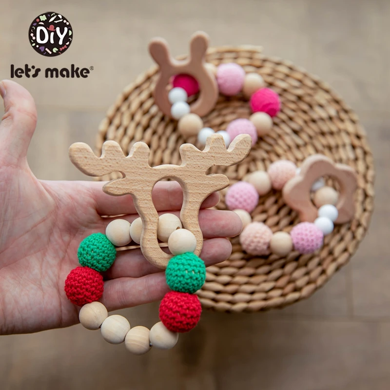 Let's Make-pulsera de sonajero para bebé, juguetes de madera, cuentas de ganchillo, mordedor para bebé, regalo de Navidad, artesanía de madera de alce de erizo, anillo grabado