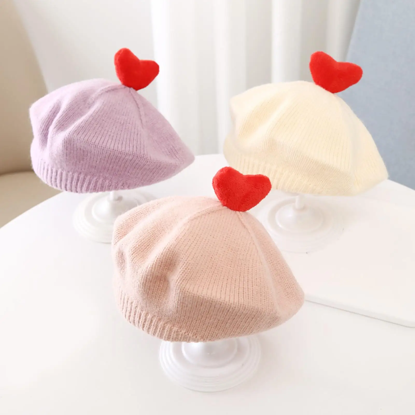 Fashion New Women Wool Solid Color Beret Toddler Baby Girls Winter Knit Beanie Hat Cap Love Heart Woolen Yarn Warm Baret