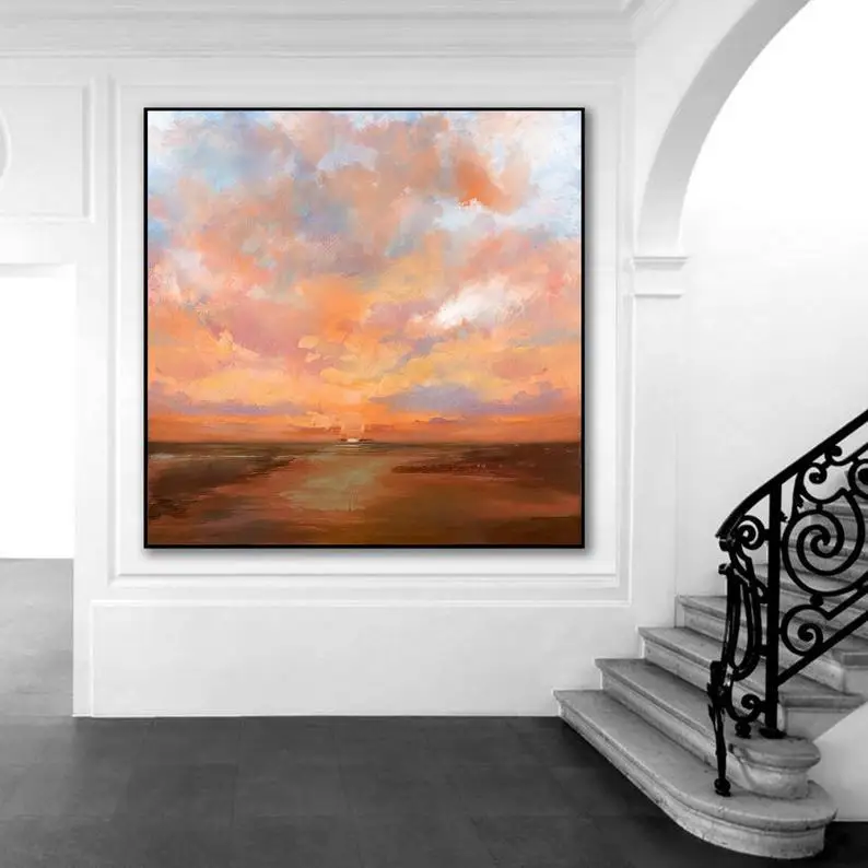 

Large Sky Abstract Art Painting On Canvas Brown Painting Orange Painting Sunset Landscape Painting Sea Wall Art Office Decor