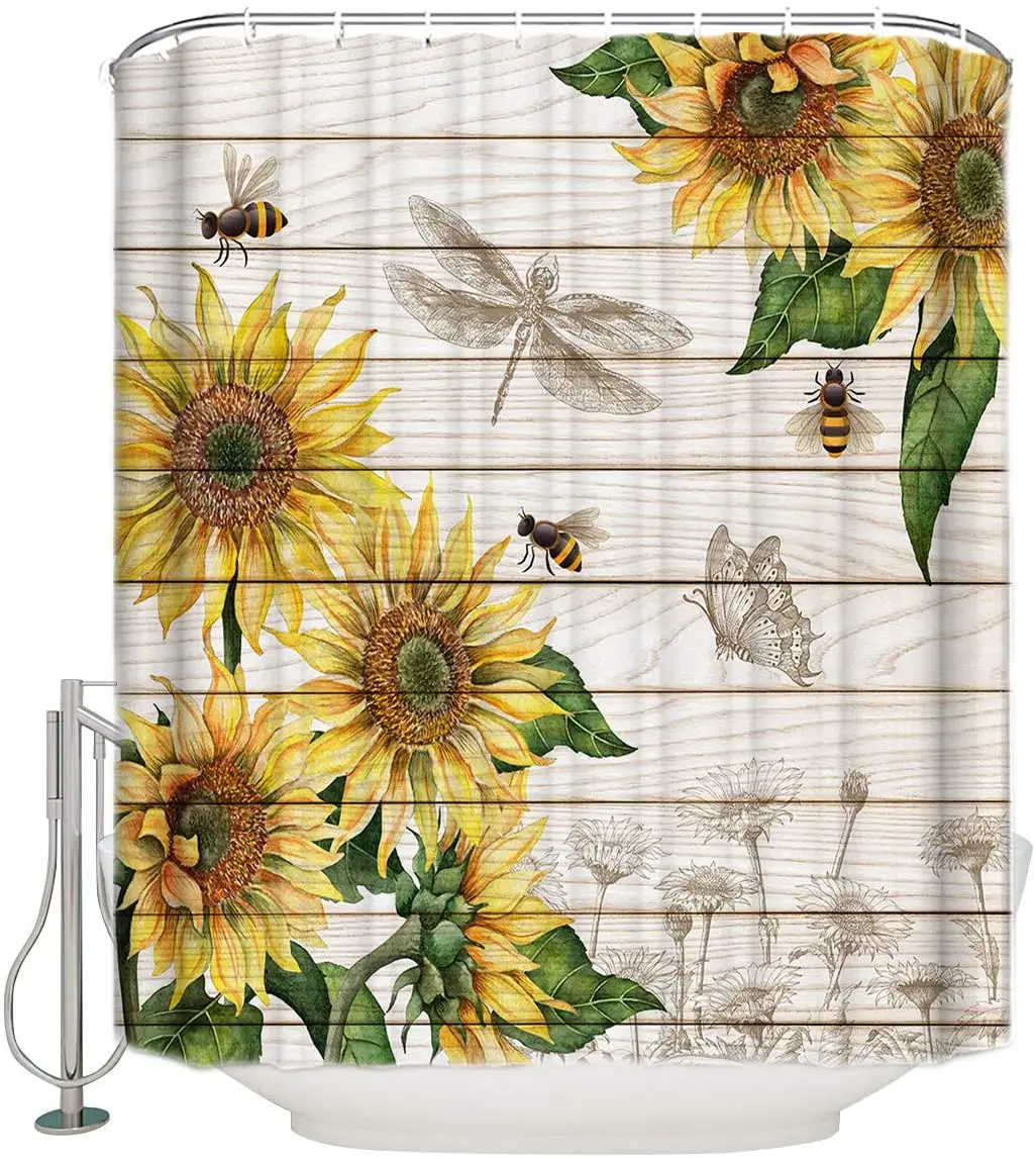 Fabric Shower Curtain Bathroom Decorative Sunflower with Bees Wood Background Farmhouse Style