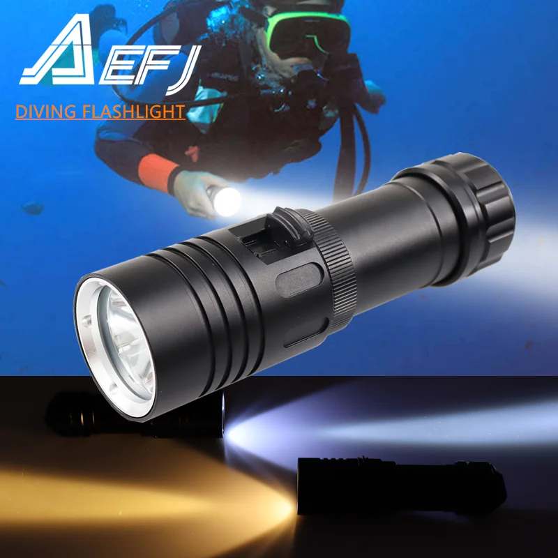 Waterproof IPX8 Diving Flashlight L2 Yellow White LED Torch Dive Underwater 80M Lamp Light Camping use 26650 18650 Battery