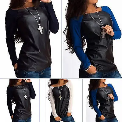 New Fashion Summer Autumn Womens Sexy Leather Long Sleeve Tops Splice Sweatshirt T-Shirt Casual Loose Tops