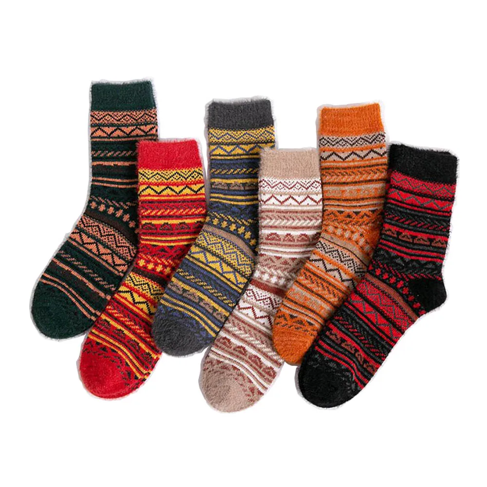 New Women's Warm Rabbit Wool Socks Thickened  Winter Imitation Mink Velvet Female Socks Retro Colorful Stripes Casual 3 Pair