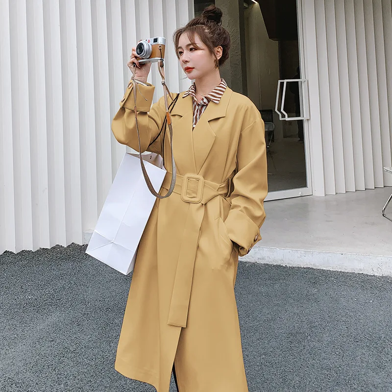 2021 Autumn Fashion Women Trench Coat Classic Turn Down Collar Long Sleeve Blet Women Coat Chic Loose Trench Women High Quality