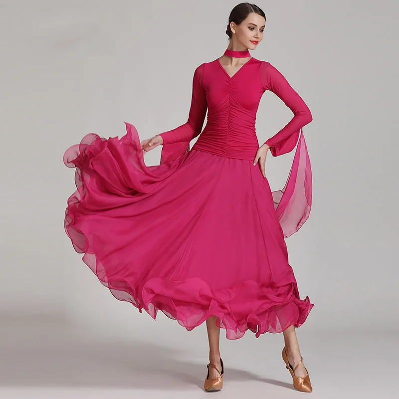 Back Fluttering Chiffon Long Women Ballroom Dress Standard Dance Dress Waltz Costumes Tango Dance Wear For Rumba Practice