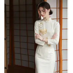 Improved Cheongsam 2021 New Beige Embroidery Elegant Young Women Autumn Winter Retro Daily Qipao Party Dress