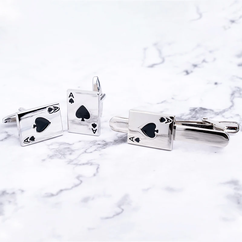 Luxury Mens Gamble Casino Series Cufflinks and Tie Clips Set Spade Poker Design Fashion Jewelry Business Gifts Wholesale Retail