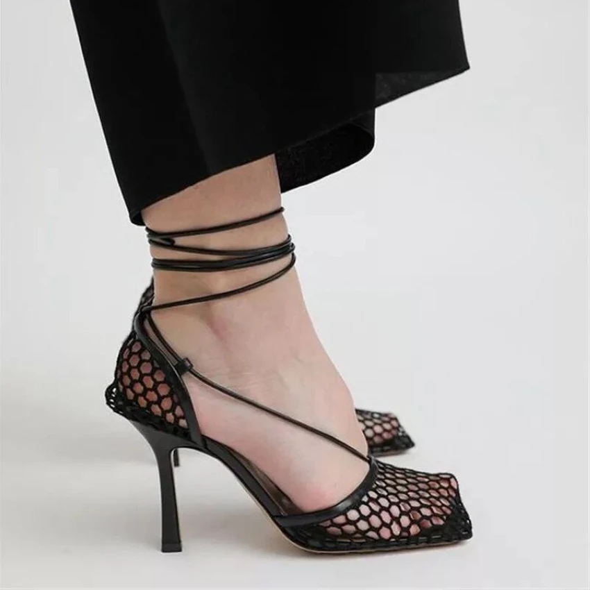 New Sexy Green Mesh Women Pumps Sandals Female Square Toe high heels Lace Up Cross-tied Stiletto hollow Party Shoes Woman