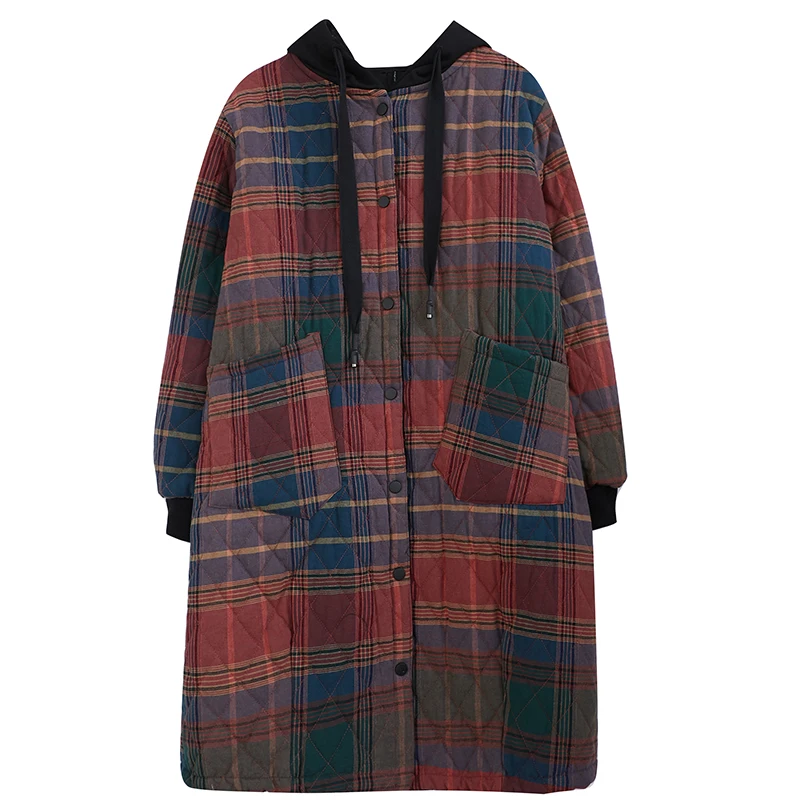 Nouveau hiver matelassé Plus coton veste femmes Streetwear chaud ample Vintage Plaid couture vêtements d'extérieur décontracté Long manteau à capuche femme