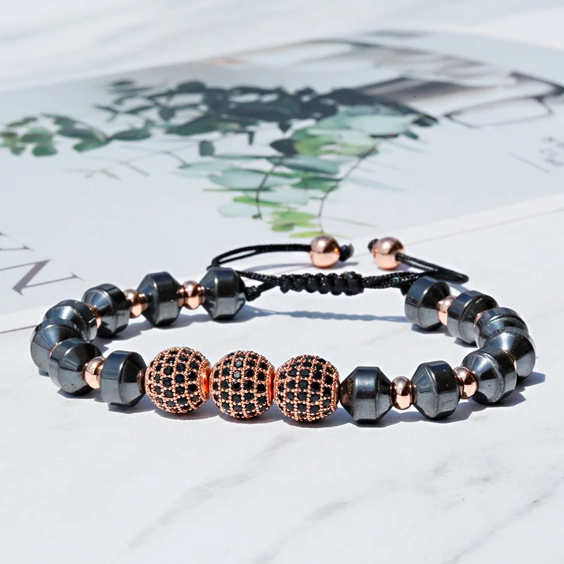 Luxury Micro Pave CZ 8mm Disco Charm Men Bracelet Classic Hematite Beaded Woven Bracelets Bileklik Women Jewelry