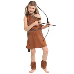 Sweet Indian Princess Girl Costume Native Archer Huntress Cosplay for Child Toddler 3-4T 4-8Y Halloween Purim Fancy Dress