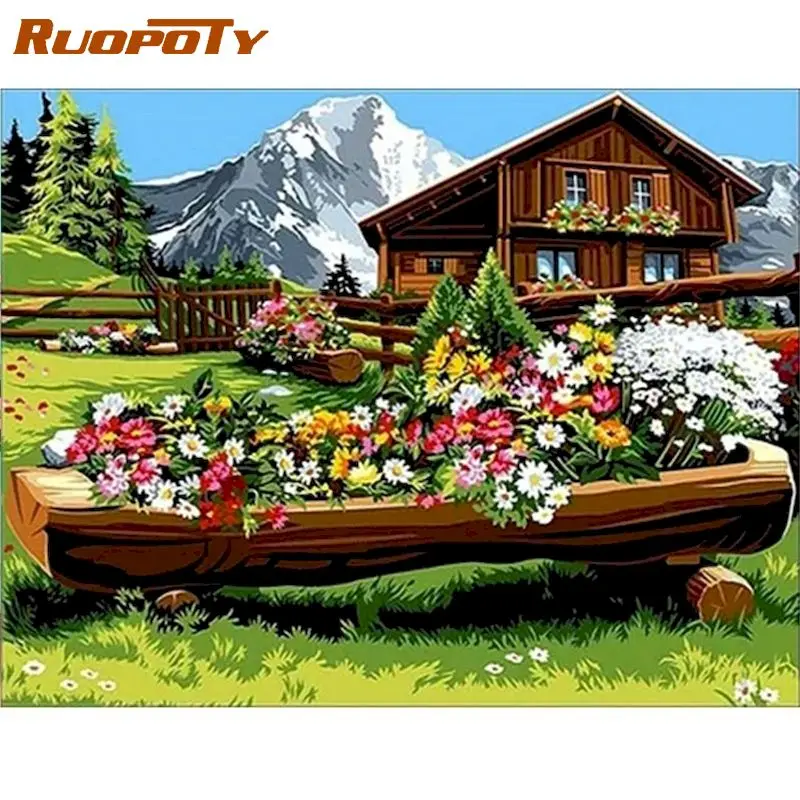 RUOPOTY Picture By Numbers For Adults 40x50cm Frame Flower House In Mountain Landscape Painting Handmade Home Room Decors