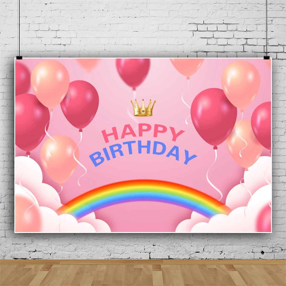 Laeacco Gold Crown Rainbow Balloon Pink Backdrop For Photography Girls Birthday Party Portrait Customize Poster Photo Background