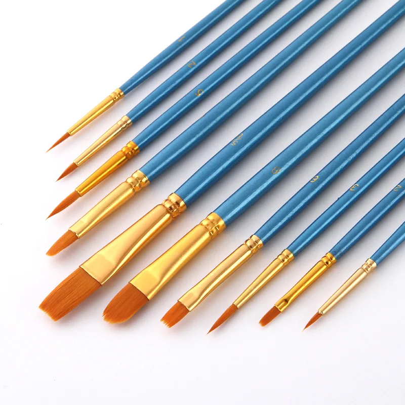 10Pcs/set Nylon Artist Paint Brush Professional Watercolor Acrylic Wooden Handle Painting Brushes Art Supplies Stationery