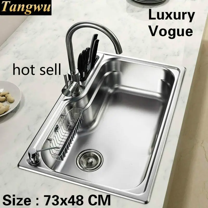

Free shipping Home stretch faucet wash vegetables large kitchen single trough sink 304 stainless steel 730x480 MM