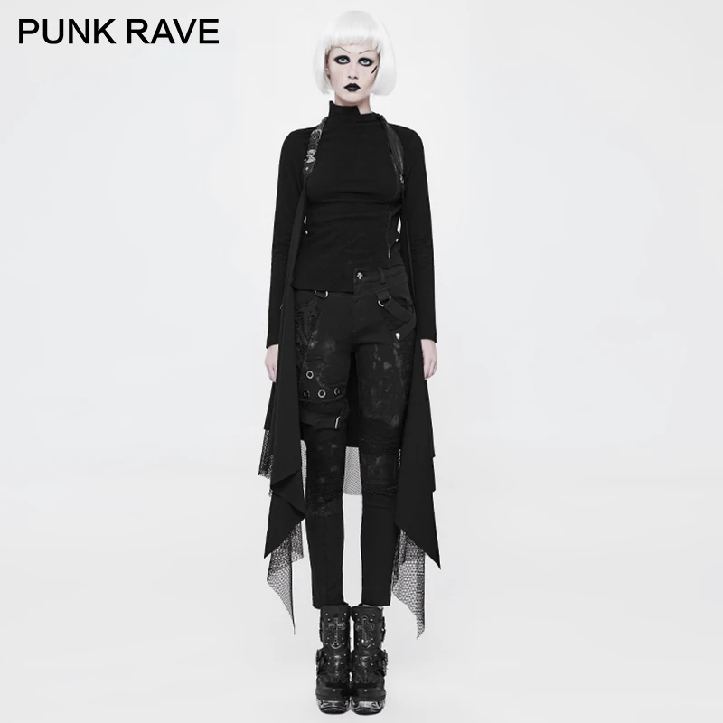 PUNK RAVE Punk All-Match Knitted Black Women Vest Elastic Knitt Net Cloth Spliced Shoulder Loops Adjusted Loose Feminine Coats