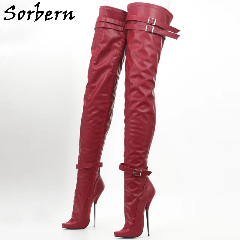 

Sorbern Burgundy Matt Crotch Thigh High Boots Women Long Metal Heels Ballet Stilettos Double Straps Pointed Toe Custom Slim Fit