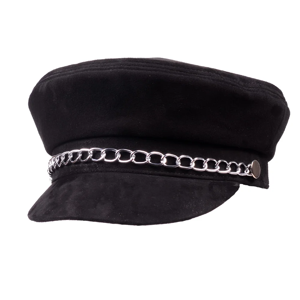 Women's Ladies Real Suede leather Sheep Skin Silver Chain Beret Naval Hat Newsboy Military Flat Caps/Hats