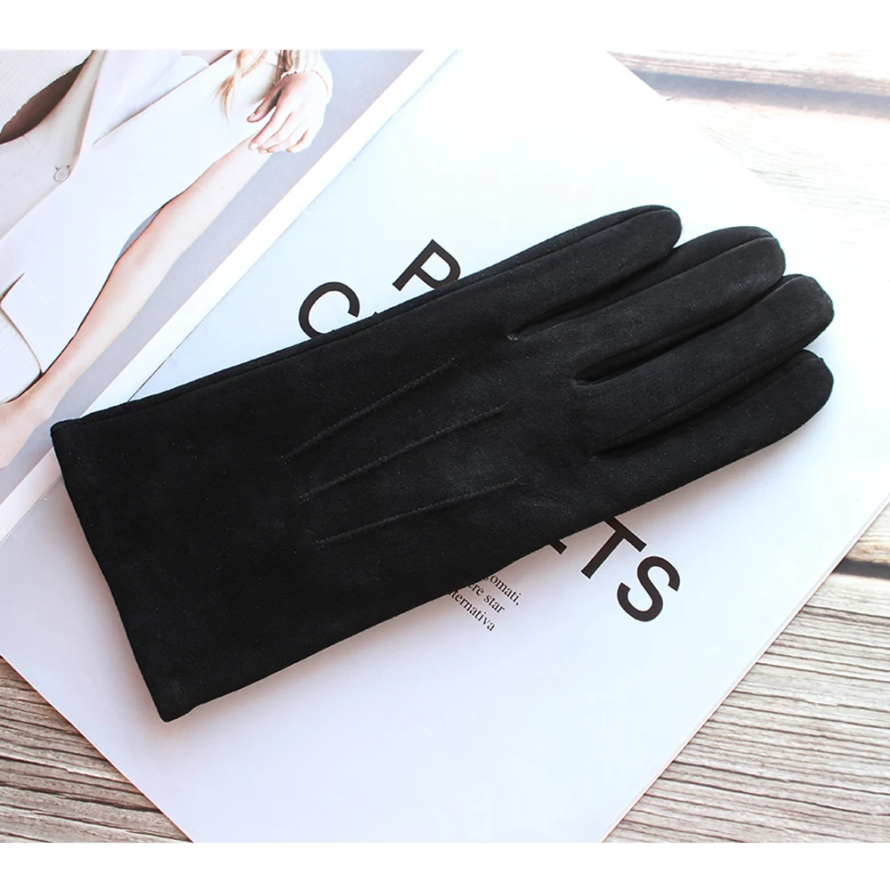 Sheepskin Suede Gloves Female Leather Black Velvet Lining Fashion Hand Repair New Autumn and Winter Warmth Outdoor Travel Points