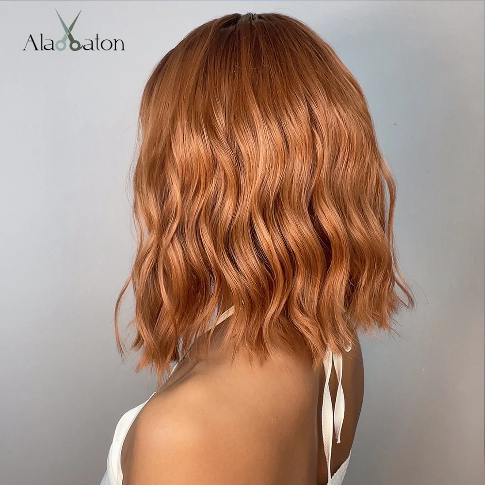 ALAN EATON Dark Orange Ginger Color Synthetic Wigs with Bangs Short Wave Bob Wigs for Black Women Cosplay Daily Heat Resistant