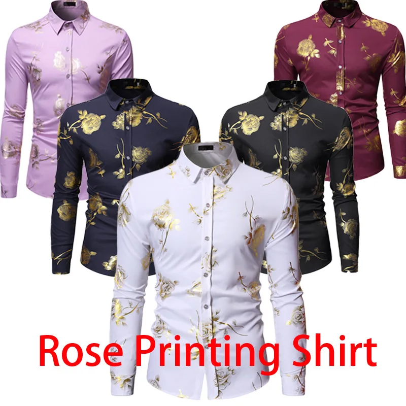 Herren Gold Rose Floral Print Shirts Marke Floral Steampunk Chemise Weiß Langarm Hochzeit Party Bronzing Camisa Masculina