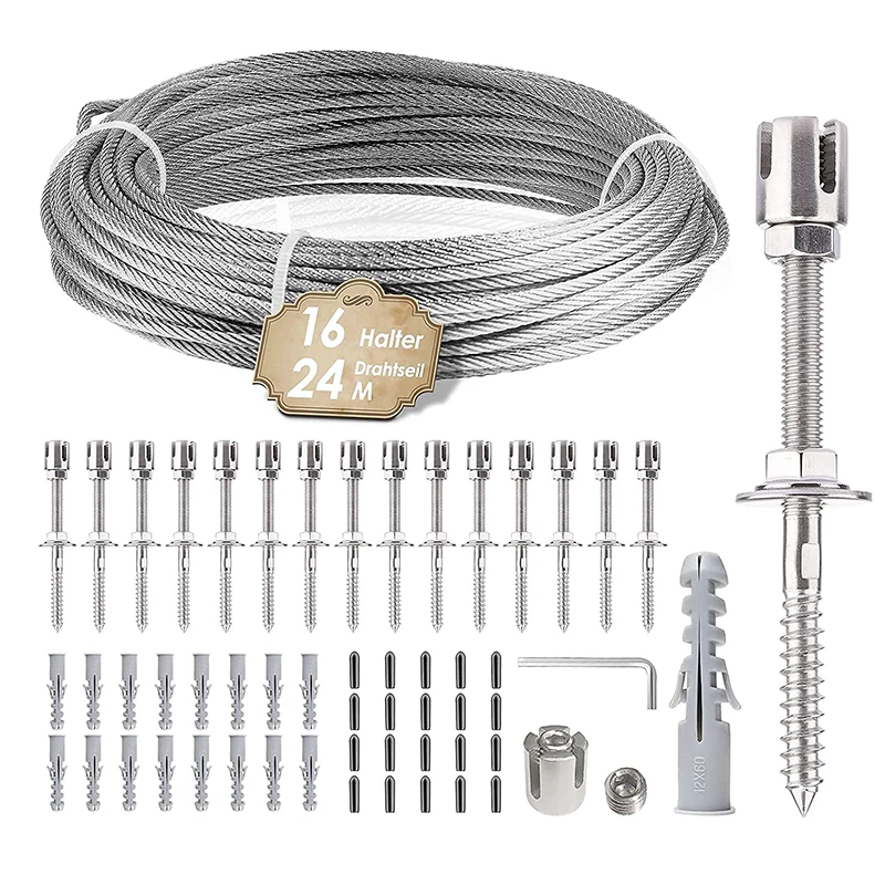 Stainless Steel Wire Cable Trellis System Kit For Climbing Plants Vines And Green Wall With Brackets 16 Holders 24m Rope