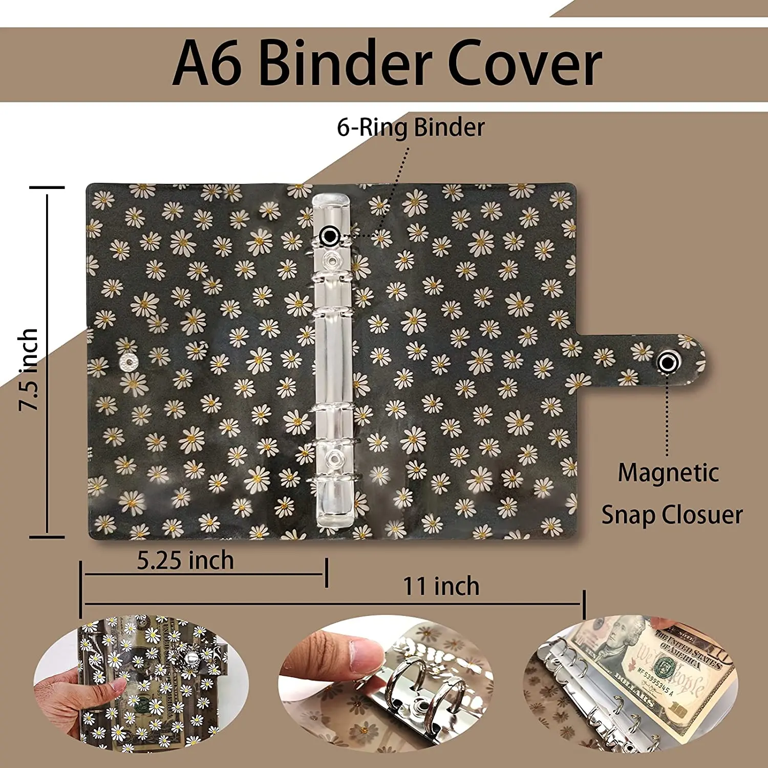 A6 Clear Daisy Binder Budget Notebook and 12 Binder Zipper Pockets, Refillable Folders Cash Envelopes Planner Wallet Organizer