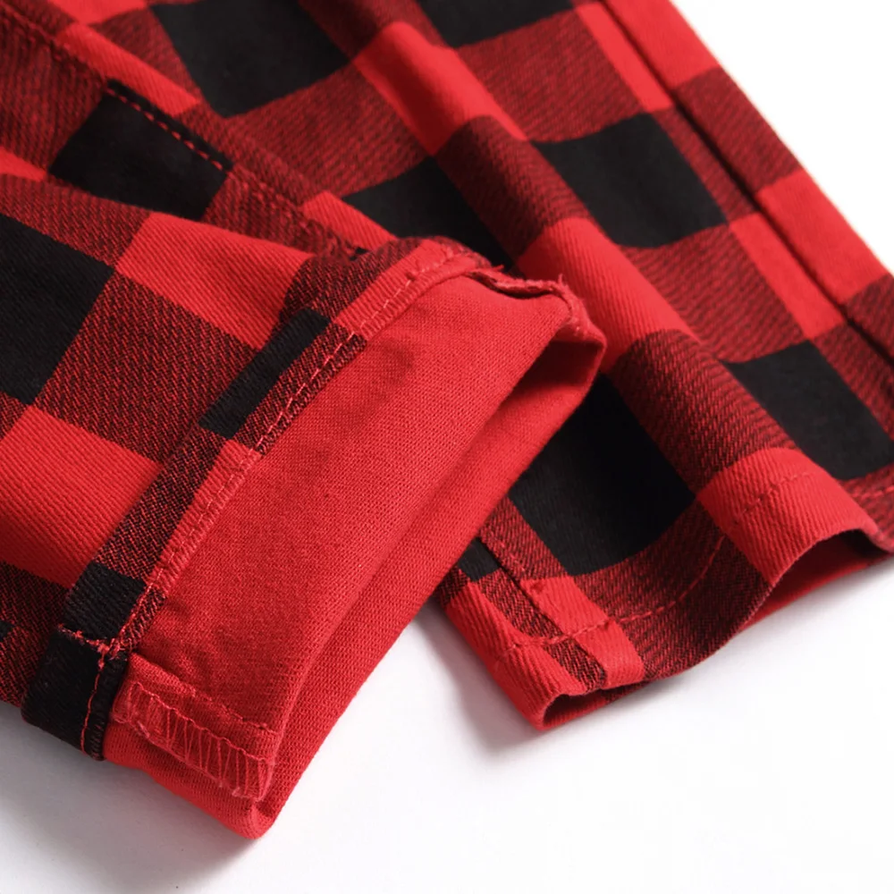 Men Red Plaid Printed Pants Fashion Slim Stretch Jeans Trendy Plus Size Straight Trousers