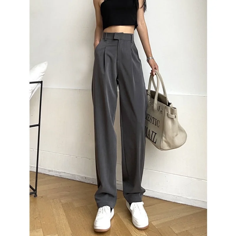 Women\'s Suit Pants Draping Spring Autumn High Waist Casual Business Dress Pants Loose Straight Mopping Pants Wide Leg Pants Grey