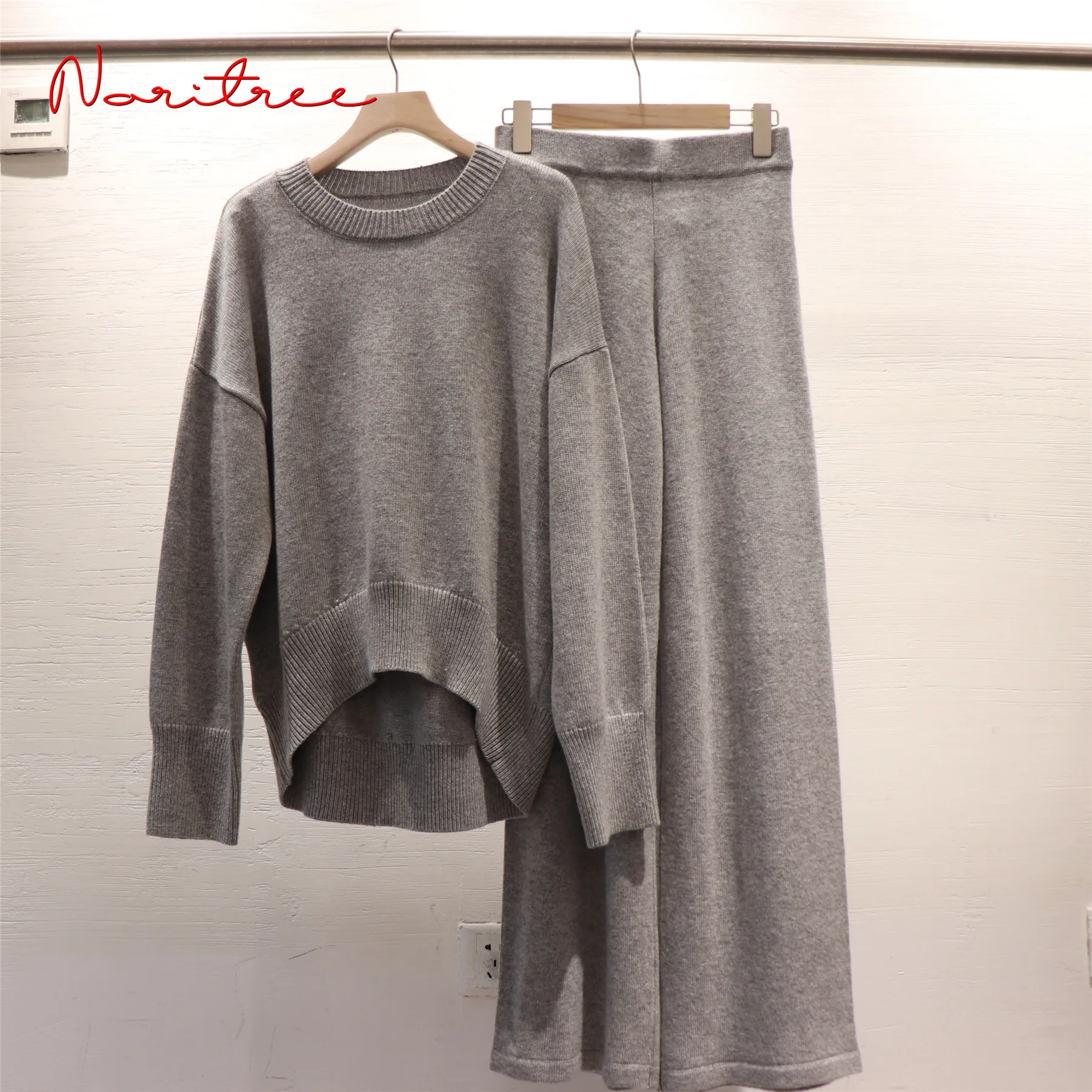 Luxury Asymmetry Two Pieces 45% Cashmere + 30% Wool Suits Female Warm Mink Cashmere Knit Tops +  Wide Leg Wool Pant Sets wy548