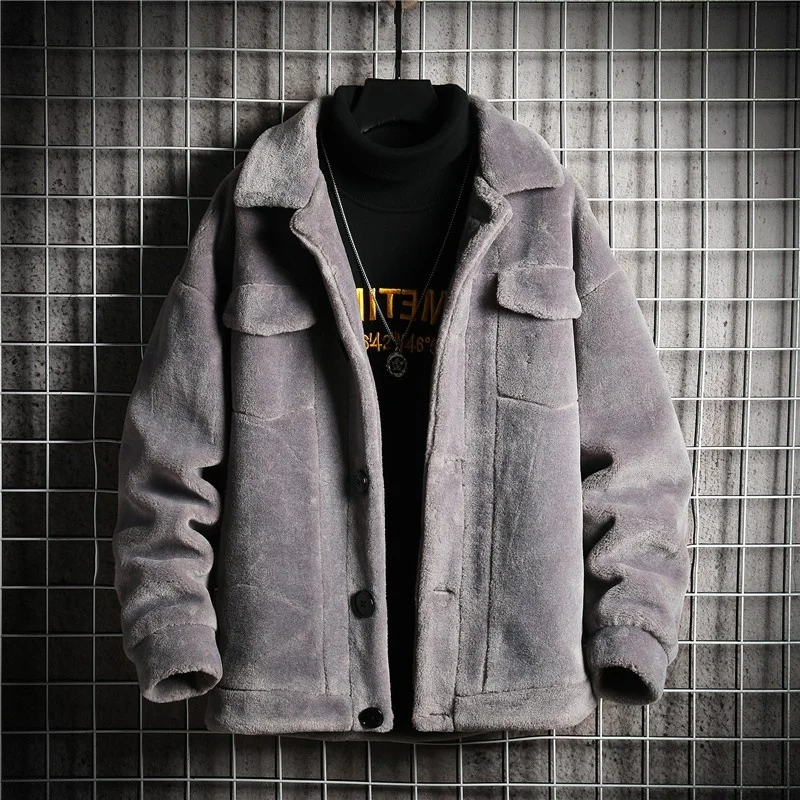 Winter New Lamb Wool Jacket Men Single Breasted Pockets Thicken Casual Coat Turn-Down Collar Long Sleeve Mens Jackets Outerwear