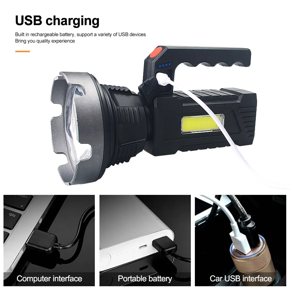 Imagem -04 - Prova Impermeável Água Usb Carregamento Holofote P50 Mais Cob Lanterna Super Brilhante Luz de Emergência Spotlight para Expedições Acampamento à