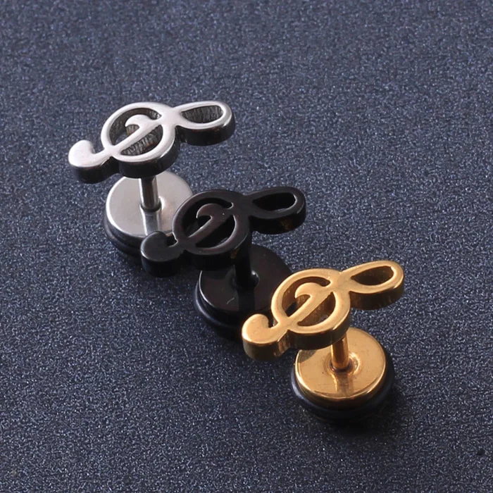 Stainless Steel Treble Clef Music Note Ball Men Women Unisex Ear Piercing stud Earrings 2pcs
