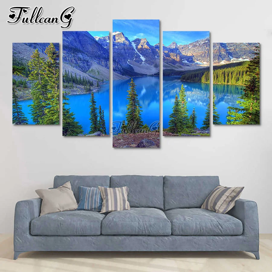 

FULLCANG Snow mountain scenery lake 5 piece diy diamond painting large full square round mosaic embroidery multi-picture FG0511