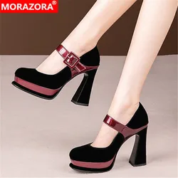 MORAZORA 2021 Summer Party Wedding Shoes Top Quality Sheepskin Women Pumps Thick Heels Platform Ladies Shoes Black