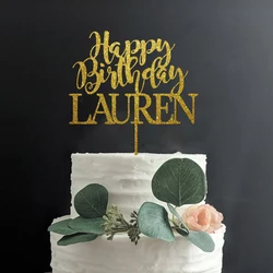Custom Name Happy Birthday Cake Topper, Personalized Birthday Party Decor,Mirror Gold Wood Rustic Birthday Supplies