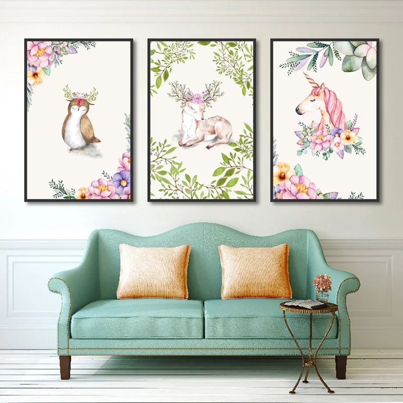 

Cute Animals Poster Art Print Birds Deer And Unicorn Canvas Painting Picture Home Wall Art Aisle Painting Modern Decoration