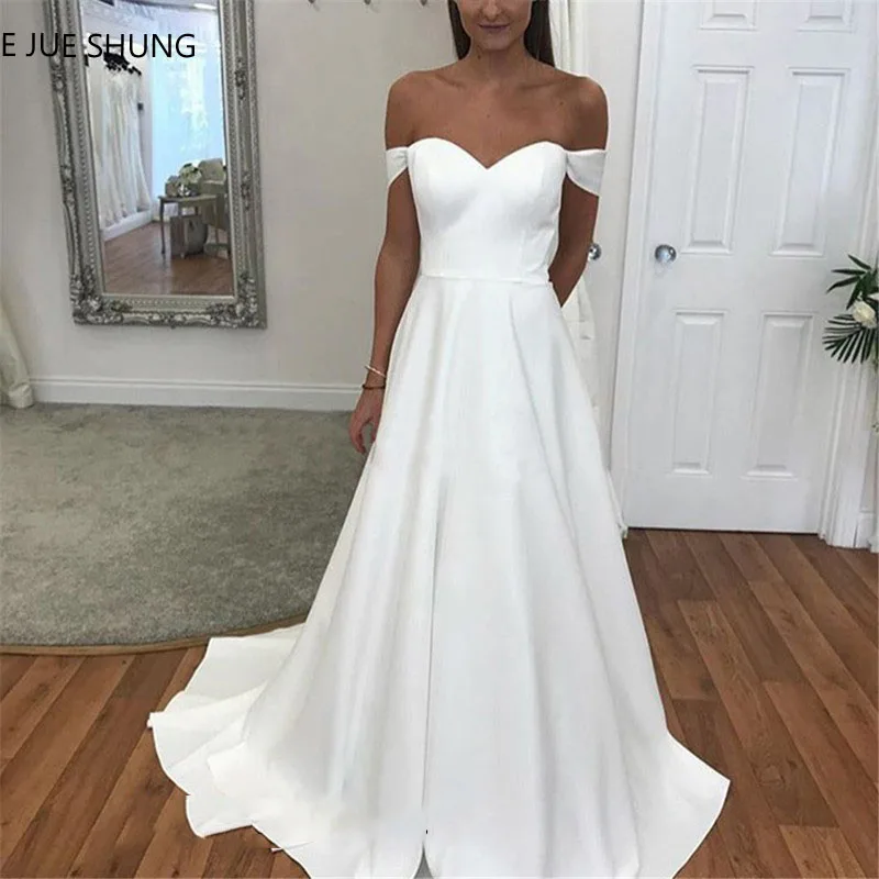 

E JUE SHUNG Elegant White Wedding Dresses Off Shoulder Long Satin A Line Bride Dress Floor Length Robe De Soiree