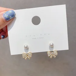 Sweet Girl Earrings Korean Fashion New Temperament Earrings Wild Personality Small Bow Pearl Crystal Earrings Women Orecchini