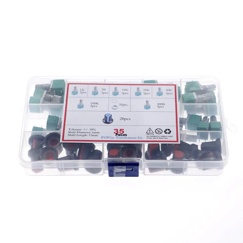 Potenciómetro de enlace único de 35 Uds con interruptor potenciómetro de sellado de audio juego surtido 1K 5K 10K 50K 100K 500K con perilla