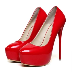 Big Size 35-47 Patent Leather Red Wedding Shoes 2024 Women Round Toe Super High Heels 16cm Pumps Sexy Platform Party Shoes Woman