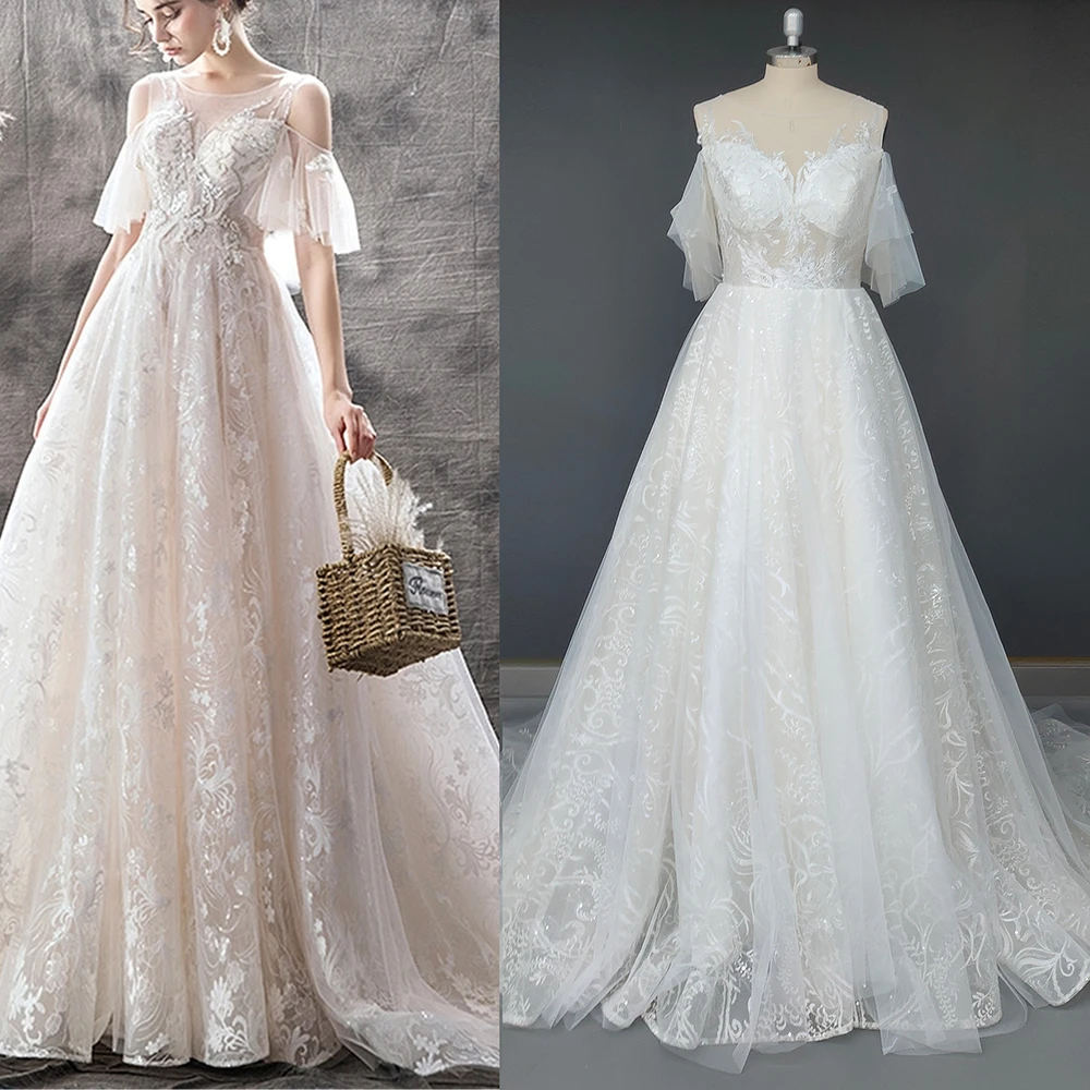 Prawdziwe zdjęcie luksusowe aplikacje kwiatowe szerokie rękawy suknia ślubna z wycięciem zimne ramię Bling Lace Up Cathedral Wedding Dress