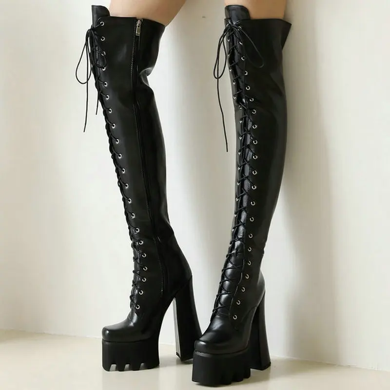 

2021 Over the Knee Boots Platform Square High Heel Ladies Modem Boots PU Leather Cross Tied Zipper Women Thigh Boots Big Size 43