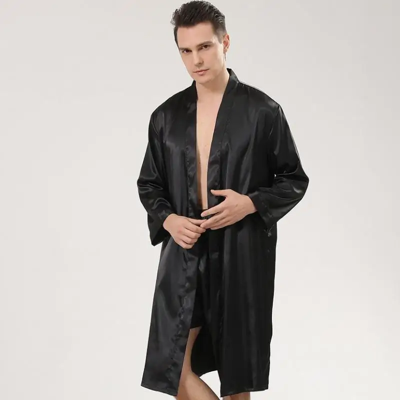 Homens preto 2 pçs pijamas cetim sólido robe & shorts manga longa roupão de banho masculino conjunto de sono pijamas de seda conjunto roupas para casa