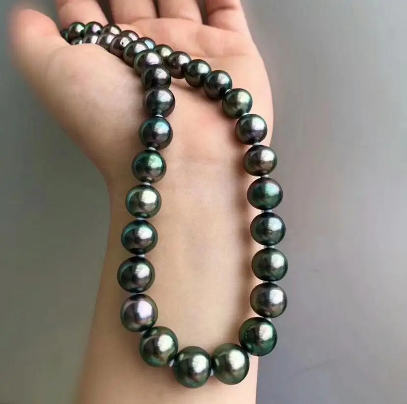 

Free shipping HUGE AAA 10-11MM ROUND SOUTH SEA GENUINE BLACK GREEN PEARL NECKLACE 18" 925silver GOLD